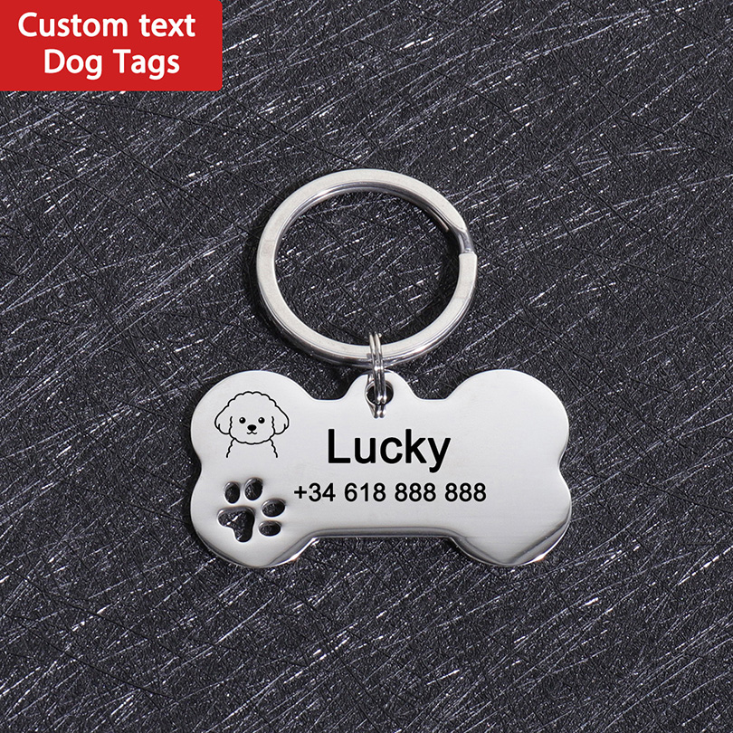 Pet Portrait Custom - ป้ายชื่อสุนัขแบบกำหนดเอง ป้ายชื่อสัตว์เลี้ยงแบบมีข้อความส่วนตัว รูปทรงกระดูก สแตนเลสสตีล สลักด้วยเลเซอร์ ป้องกันการสูญหาย
